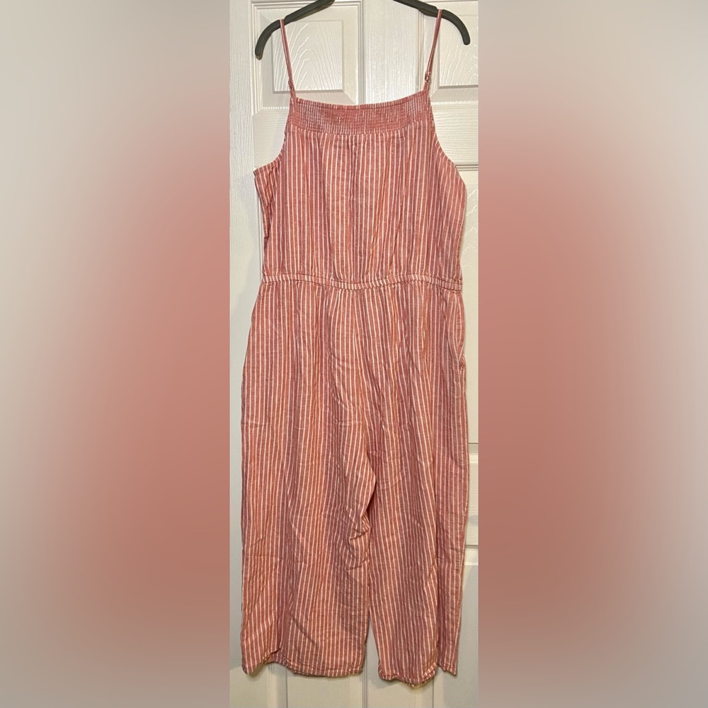 Beach Lunch Lounge Romper Jumpsuit Size XL Red Stripe Linen Blend Crop Pockets - Picture 3 of 3